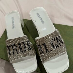 True Religion White and Silver Embellished Mules